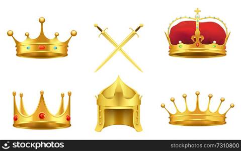 Golden medieval symbols 3d icons set. Gold crowns with gems, knight helmet, crossed shiny swords realistic vector illustrations isolated on white background. Golden Medieval Symbols Realistic Vector Icons Set