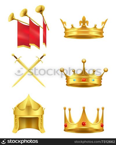 Golden medieval symbols 3d icons set. Gold crowns with gems, knight helmet, crossed shiny swords and trumpets with flags realistic vector isolated on white background. Golden Medieval Symbols Realistic Vector Icons Set