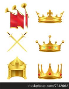 Golden medieval symbols 3d icons set. Gold crowns with gems, knight helmet, crossed shiny swords and trumpets with flags realistic vector isolated on white background. Golden Medieval Symbols Realistic Vector Icons Set