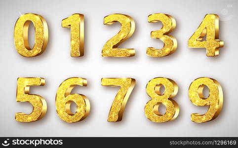 Golden metal unique numbers set with sparkles, realistic vector illustration. Glossy or shining gold metal symbols or signs from 0 to 9, isolated on white background. Golden metal numbers realistic with sparkles