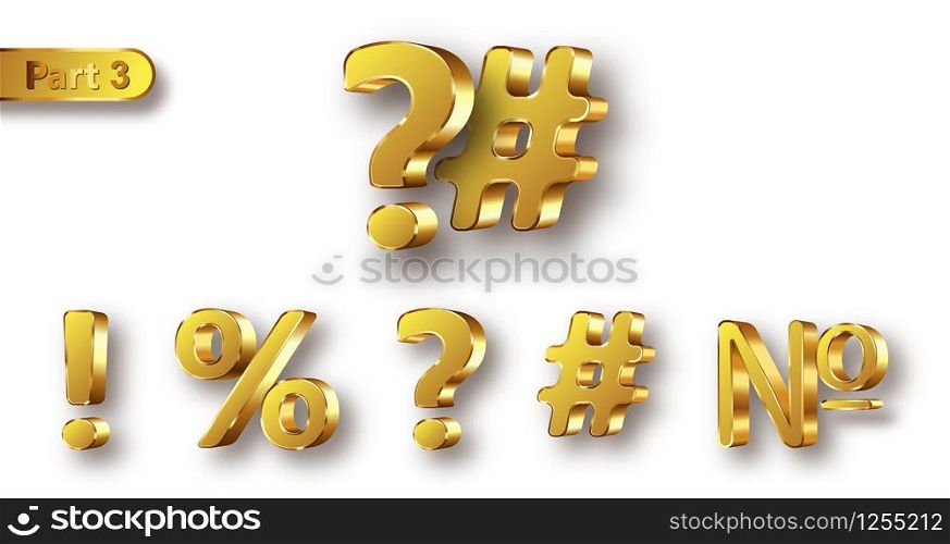 Golden metal unique symbols set, realistic vector illustration. Matte with glossy frame gold metallic characters, exclamation point, question mark, percent and number sign isolated on white background. Golden metal numbers realistic vector