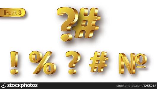 Golden metal unique symbols set, realistic vector illustration. Matte with glossy frame gold metallic characters, exclamation point, question mark, percent and number sign isolated on white background. Golden metal numbers realistic vector