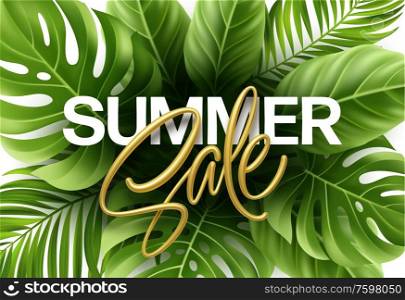 Golden metallic summer sale lettering on a bright background from green tropical leaves of plants. Vector illustration EPS10. Golden metallic summer sale lettering on a bright background from green tropical leaves of plants. Vector illustration