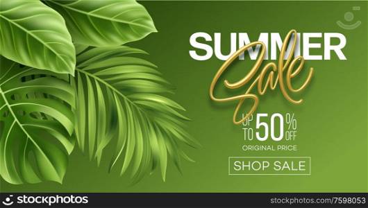 Golden metallic summer sale lettering on a bright background from green tropical leaves of plants. Vector illustration EPS10. Golden metallic summer sale lettering on a bright background from green tropical leaves of plants. Vector illustration