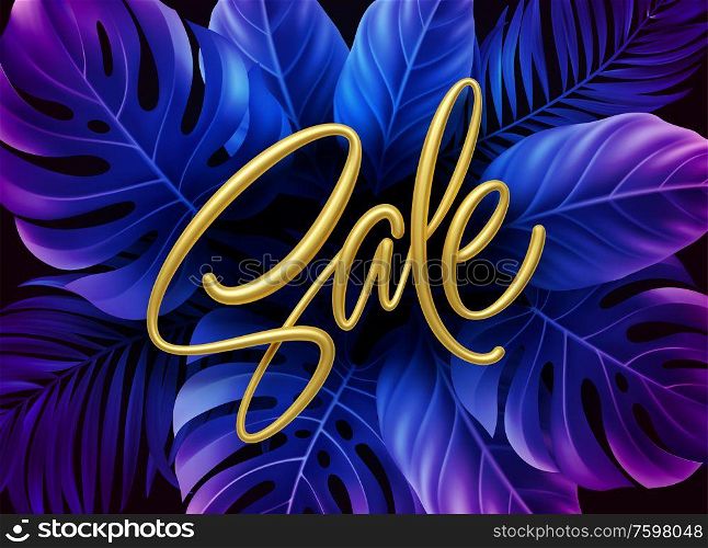 Golden metallic summer sale lettering on a purple bright background from tropical leaves of plants. Vector illustration EPS10. Golden metallic summer sale lettering on a purple bright background from tropical leaves of plants. Vector illustration
