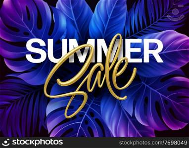 Golden metallic summer sale lettering on a purple bright background from tropical leaves of plants. Vector illustration EPS10. Golden metallic summer sale lettering on a purple bright background from tropical leaves of plants. Vector illustration