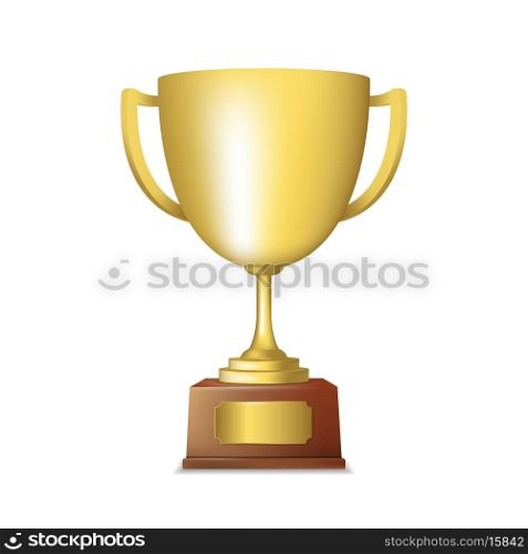 Golden metallic trophy cup first place winner award isolated vector illustration