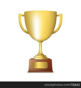 Golden metallic trophy cup first place winner award isolated vector illustration
