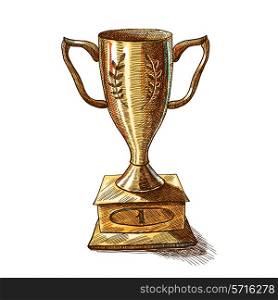 Golden metallic trophy cup first place winner award sketch decorative icon isolated on white background vector illustration