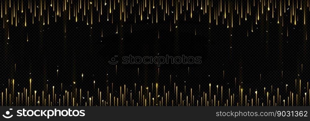 Golden meteor fall vector frame on black background. Gold rain veil with light effect holiday magic illustration. Abstract comet thread illuminated border for anniversary or birthday party greeting. Golden meteor fall and rain vector background