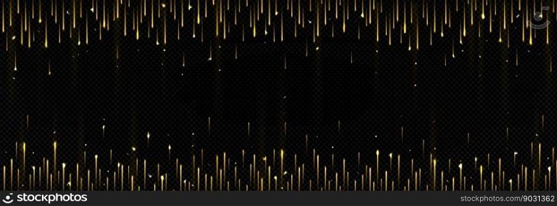 Golden meteor fall vector frame on black background. Gold rain veil with light effect holiday magic illustration. Abstract comet thread illuminated border for anniversary or birthday party greeting. Golden meteor fall and rain vector background