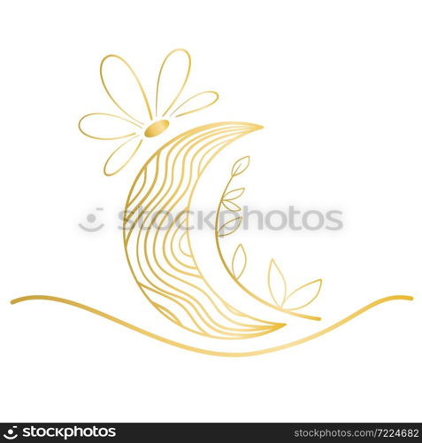 Golden moon with flower and leafy twig. Decorated striped moon, hand-drawing. Silhouette, vector illustration.. Golden moon with flower and leafy twig.