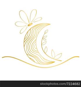 Golden moon with flower and leafy twig. Decorated striped moon, hand-drawing. Silhouette, vector illustration.. Golden moon with flower and leafy twig.