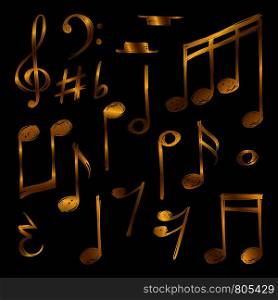 Golden music notes and signs of set isolated on black background. Vector illustration. Golden music notes and signs isolated on black background