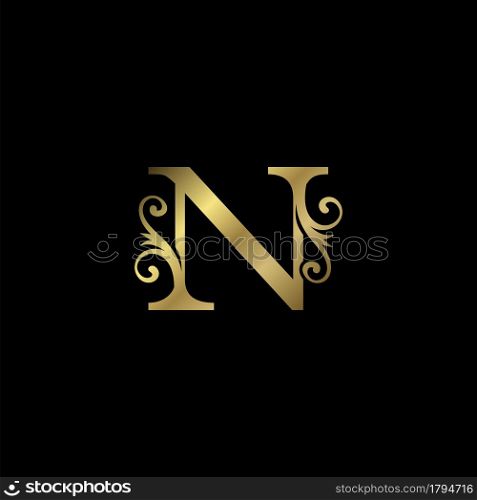 Golden N Initial Letter luxury logo icon, vintage luxurious vector design concept alphabet letter for luxuries business.