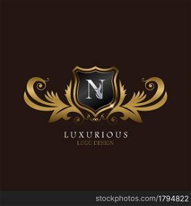 Golden N Logo Luxurious Shield, creative vector design for luxury brand identity.