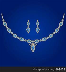 Golden necklace and earrings with diamonds and topaz