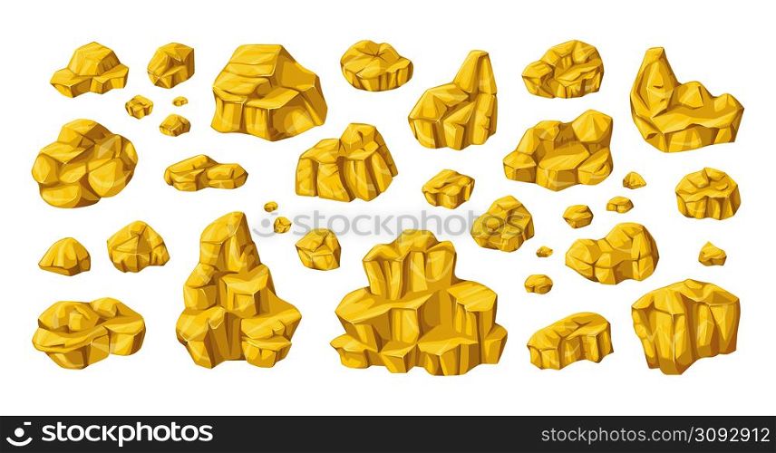 Golden nuggets. Cartoon gold mine boulders and stones. Yellow metal ore precious elements. Miners wealth. Natural geological material. Shiny treasure. Goldmine jewel prill. Vector isolated rocks set. Golden nuggets. Cartoon gold mine boulders and stones. Yellow metal ore precious elements. Miners wealth. Geological material. Shiny treasure. Goldmine prill. Vector isolated rocks set