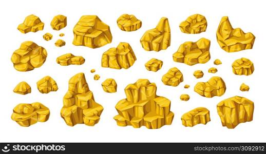 Golden nuggets. Cartoon gold mine boulders and stones. Yellow metal ore precious elements. Miners wealth. Natural geological material. Shiny treasure. Goldmine jewel prill. Vector isolated rocks set. Golden nuggets. Cartoon gold mine boulders and stones. Yellow metal ore precious elements. Miners wealth. Geological material. Shiny treasure. Goldmine prill. Vector isolated rocks set