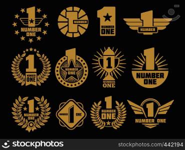 Golden number one retro corporate identity logos and labels on black. Vector illustration. Golden number one retro identity logos and labels