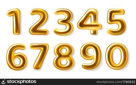 Golden numbers. Realistic metal plump numerals from zero to nine, glossy metallic luxury party decor, 3d roundish shapes for greeting and invitation cards designs, balloons signs. Vector isolated set. Golden numbers. Realistic metal plump numerals from zero to nine, glossy metallic luxury party decor, 3d roundish shapes for greeting cards designs, balloons signs. Vector isolated set