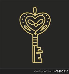 Golden old decorated key magic symbol. Amulet for spells and sorcery. Esoteric doodle illustration isolated vector. Golden old decorated key magic symbol
