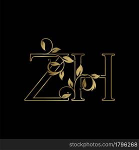 Golden Outline Initial Letter Z and H, Z H Luxury Logo Icon, Vintage Gold Letter Logo Design