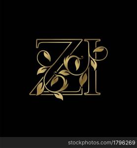 Golden Outline Initial Letter Z and I, Z I Luxury Logo Icon, Vintage Gold Letter Logo Design