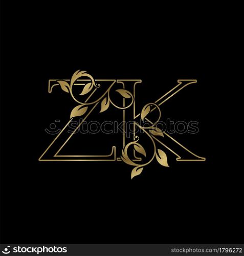 Golden Outline Initial Letter Z and K, Z K Luxury Logo Icon, Vintage Gold Letter Logo Design