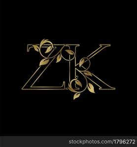 Golden Outline Initial Letter Z and K, Z K Luxury Logo Icon, Vintage Gold Letter Logo Design