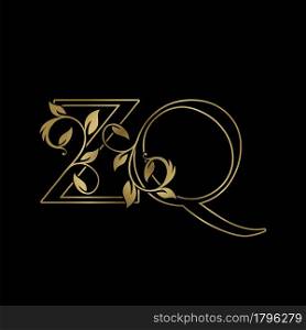 Golden Outline Initial Letter Z and Q, Z Q Luxury Logo Icon, Vintage Gold Letter Logo Design