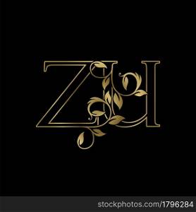 Golden Outline Initial Letter Z and U, Z U Luxury Logo Icon, Vintage Gold Letter Logo Design