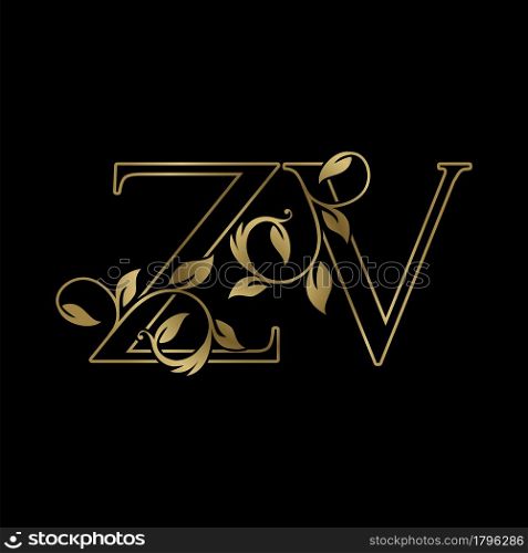 Golden Outline Initial Letter Z and V, Z V Luxury Logo Icon, Vintage Gold Letter Logo Design