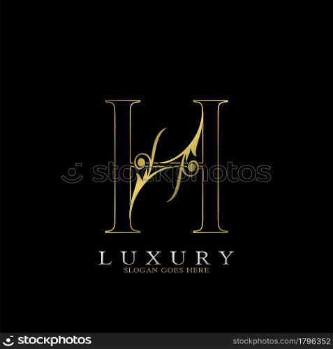 Golden Outline Luxury Initial Letter H Logo Icon, simple vector design concept gold color.