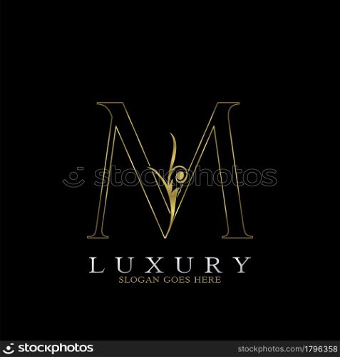 Golden Outline Luxury Initial Letter M Logo Icon, simple vector design concept gold color.