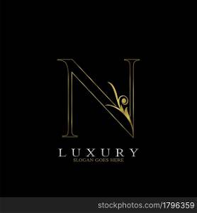 Golden Outline Luxury Initial Letter N Logo Icon, simple vector design concept gold color.