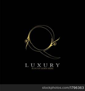 Golden Outline Luxury Initial Letter Q Logo Icon, simple vector design concept gold color.