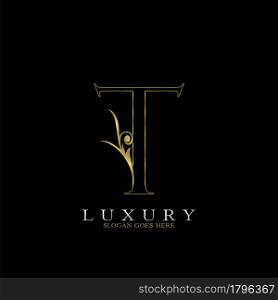 Golden Outline Luxury Initial Letter T Logo Icon, simple vector design concept gold color.