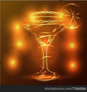 Golden outline of a glass with a cocktail on a brown background, disco, club, neon glow