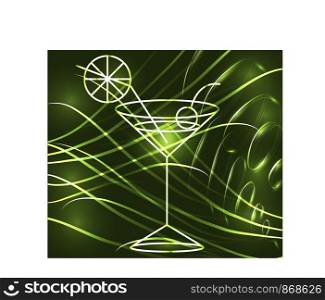 Golden outline of a glass with a cocktail on a green background, disco, club, neon glow