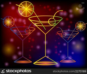 Golden outline of glasses with a cocktail on a dark background with stars and lights, disco, club, neon glow. Golden outline of glasses with a cocktail on a pink background with stars and lights, disco, club, neon glow