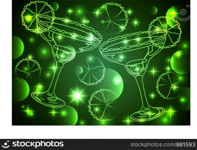 Golden outline of glasses with a cocktail on a green background with stars and lights, disco, club, neon glow. Golden outline of glasses with a cocktail on a pink background with stars and lights, disco, club, neon glow