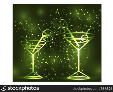 Golden outline of two glasses with a cocktail on a green background, disco, club, neon glow, couple