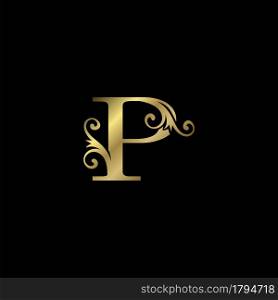 Golden P Initial Letter luxury logo icon, vintage luxurious vector design concept alphabet letter for luxuries business.