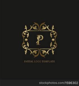 Golden P Initial logo. Frame emblem&ersand deco ornament monogram luxury logo template for wedding or more luxuries identity