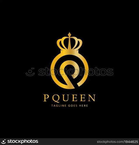Golden P letter queen logo vector icon on black background illustration design