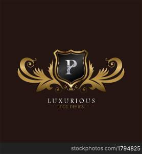 Golden P Logo Luxurious Shield, creative vector design for luxury brand identity.