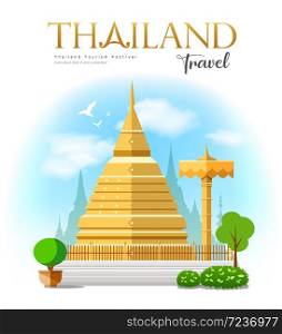 Golden pagoda, Wat Phra That Doi Suthep, North Thailand travel design on cloud and sky background, vector illustration
