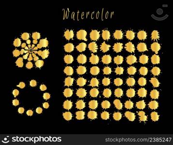 Golden paint splashes for design use. Set of trendy gold vector splashes. Set of gold spots isolated on black
