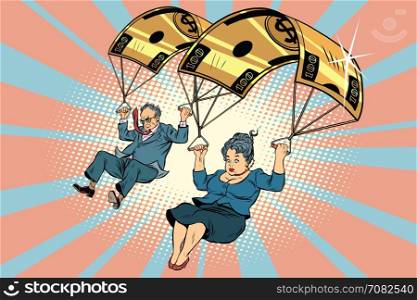 Golden parachute financial compensation in the business. Comic book vintage pop art retro style illustration vector. Golden parachute financial compensation in the business